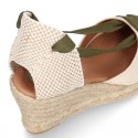 Cotton canvas wedge woman espadrilles shoes Valenciana style with THREE FASHION COLORS RIBBONS design.