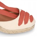 Cotton canvas wedge woman espadrilles shoes Valenciana style with THREE FASHION COLORS RIBBONS design.