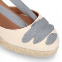 Cotton canvas wedge woman espadrilles shoes Valenciana style with THREE FASHION COLORS RIBBONS design.