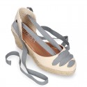 Cotton canvas wedge woman espadrilles shoes Valenciana style with THREE FASHION COLORS RIBBONS design.