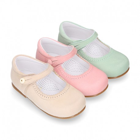 Soft suede leather Classic Girl Mary Jane shoes in pastel FASHION colors.