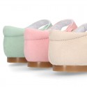 Soft suede leather Classic Girl Mary Jane shoes in pastel FASHION colors.