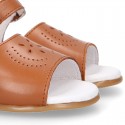 Nappa leather little Girl Sandal shoes with buckle fastening in TAN color.