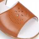 Nappa leather little Girl Sandal shoes with buckle fastening in TAN color.