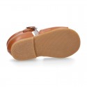 Nappa leather little Girl Sandal shoes with buckle fastening in TAN color.