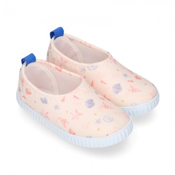 NEOPRENE fabric kids Sneaker shoes for beach and pool use with SHELLS design.
