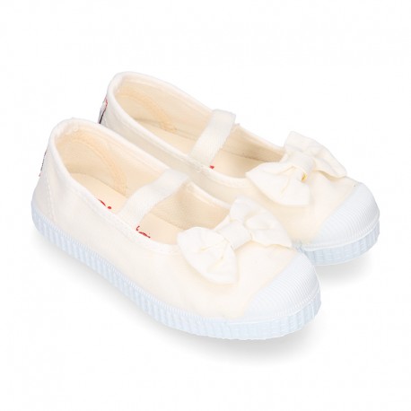 Cotton canvas Ballet flat Bamba type shoes with BOW and elastic band with toe cap.