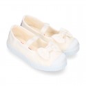 Cotton canvas Ballet flat Bamba type shoes with BOW and elastic band with toe cap.