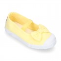 Cotton canvas Ballet flat Bamba type shoes with BOW and elastic band with toe cap.