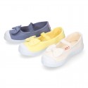 Cotton canvas Ballet flat Bamba type shoes with BOW and elastic band with toe cap.