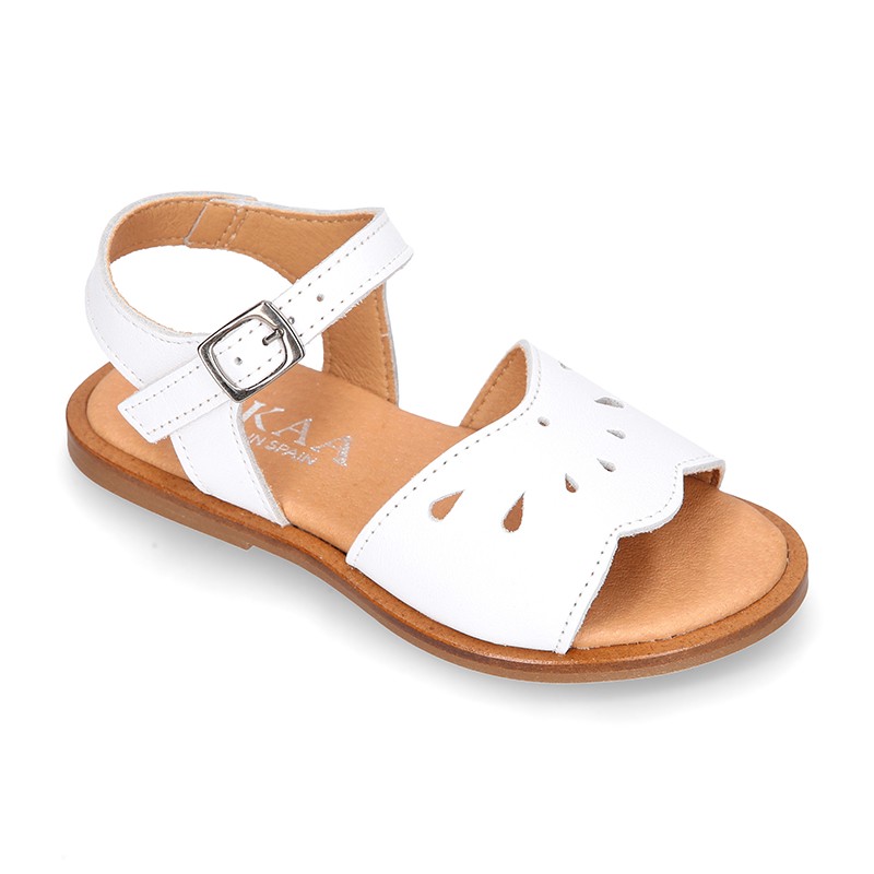 White Nappa Leather Girl Sandal shoes with PERFORATED design. MG074 ...