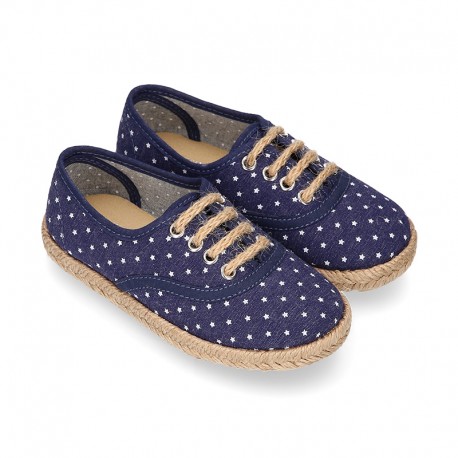 Jeans Cotton Canvas Espadrille shoes Laces up style with STARS design.