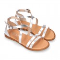 METAL leather sandal shoes with straps ROMAN design for girls.