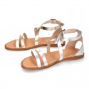 METAL leather sandal shoes with straps ROMAN design for girls.