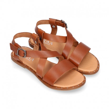 TAN color leather sandal shoes with straps ROMAN design for girls.