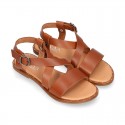 TAN color leather sandal shoes with straps ROMAN design for girls.