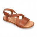 TAN color leather sandal shoes with straps ROMAN design for girls.