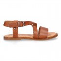 TAN color leather sandal shoes with straps ROMAN design for girls.