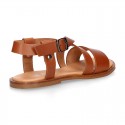 TAN color leather sandal shoes with straps ROMAN design for girls.