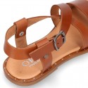 TAN color leather sandal shoes with straps ROMAN design for girls.