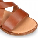 TAN color leather sandal shoes with straps ROMAN design for girls.