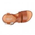 TAN color leather sandal shoes with straps ROMAN design for girls.