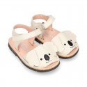 Little KOALA design soft leather Menorquina sandals with hook and loop strap.