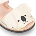 Little KOALA design soft leather Menorquina sandals with hook and loop strap.