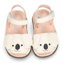 Little KOALA design soft leather Menorquina sandals with hook and loop strap.