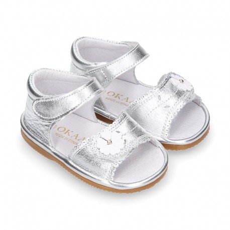 METAL Shiny soft leather sandals for baby girls with double hook and loop closure.