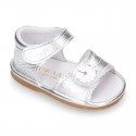 METAL Shiny soft leather sandals for baby girls with double hook and loop closure.