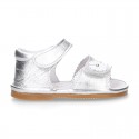 METAL Shiny soft leather sandals for baby girls with double hook and loop closure.