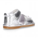 METAL Shiny soft leather sandals for baby girls with double hook and loop closure.