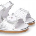 METAL Shiny soft leather sandals for baby girls with double hook and loop closure.