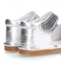 METAL Shiny soft leather sandals for baby girls with double hook and loop closure.