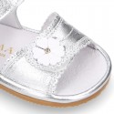 METAL Shiny soft leather sandals for baby girls with double hook and loop closure.