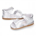 METAL Shiny soft leather sandals for baby girls with double hook and loop closure.