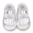 METAL Shiny soft leather sandals for baby girls with double hook and loop closure.