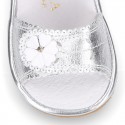 METAL Shiny soft leather sandals for baby girls with double hook and loop closure.