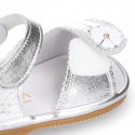 METAL Shiny soft leather sandals for baby girls with double hook and loop closure.