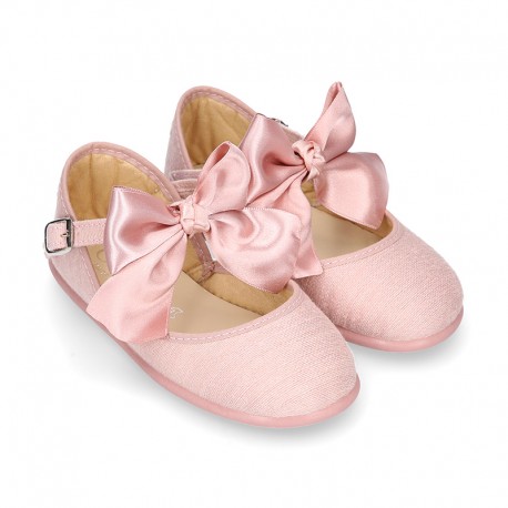 LINEN Stylized little Girl Mary Jane shoes with BOW in Makeup color.