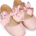 LINEN Stylized little Girl Mary Jane shoes with BOW in Makeup color.