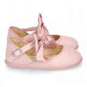 LINEN Stylized little Girl Mary Jane shoes with BOW in Makeup color.