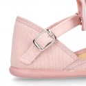 LINEN Stylized little Girl Mary Jane shoes with BOW in Makeup color.