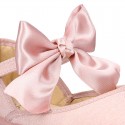 LINEN Stylized little Girl Mary Jane shoes with BOW in Makeup color.