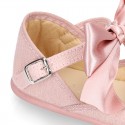 LINEN Stylized little Girl Mary Jane shoes with BOW in Makeup color.