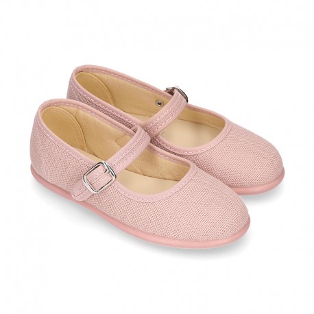 MAKEUP PINK LINEN Stylized little Girl Mary Jane shoes.