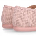 MAKEUP PINK LINEN Stylized little Girl Mary Jane shoes.