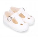 PERFORATED design cotton canvas little Kids T-Strap shoes.