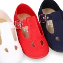 PERFORATED design cotton canvas little Kids T-Strap shoes.